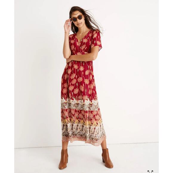 Madewell Dress 0 Red Tall Sunflower Petite Tulip-Sleeve Maxi V-Neck Empire Waist - Picture 1 of 16